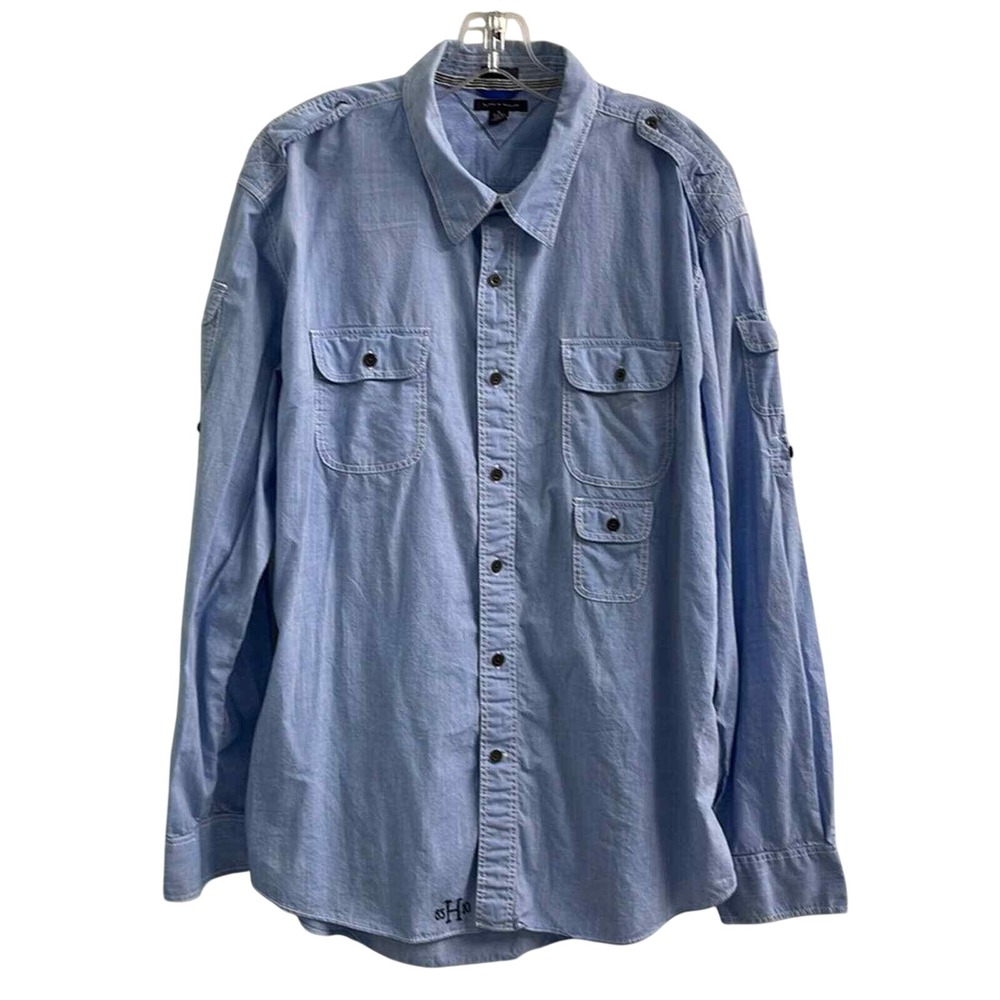 Tommy Hilfiger Men's Blue Chambray Button Down shirt with Red Stitching Size XL